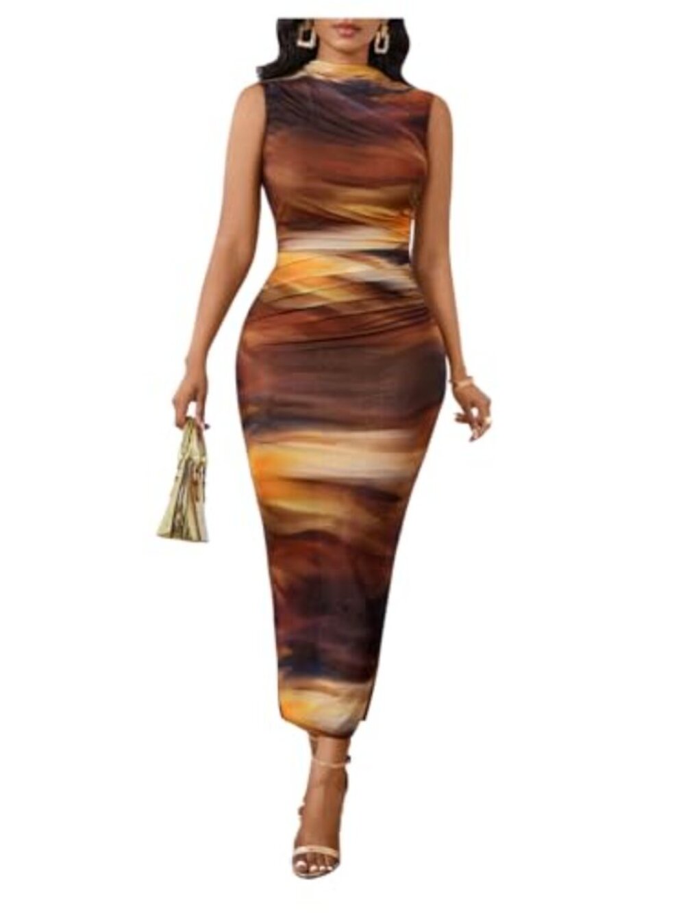 Sleeveless Mock Neck Bodycon Maxi Dress Sheer Mesh Party